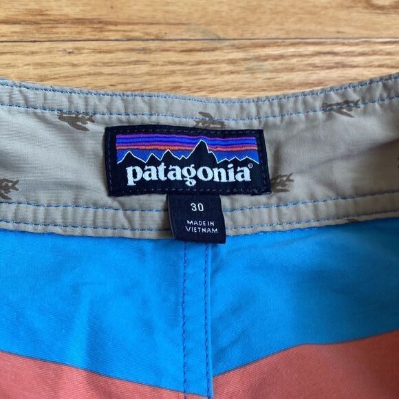 PATAGONIA Mens sz 30 swim trunks blue white and salmon stripes small spot shown - Picture 5 of 6